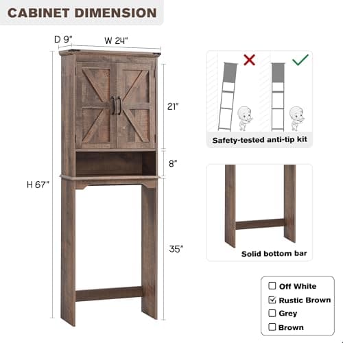 Rustic Brown Over the Toilet Cabinet, 67" Tall, Adjustable Shelf, Barn Door