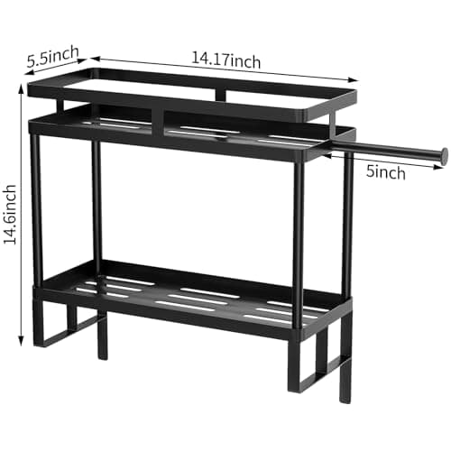 Bathroom Shelf with Toilet Paper Holder and Hooks, 2 Tier Metal Organizer Rack - Black