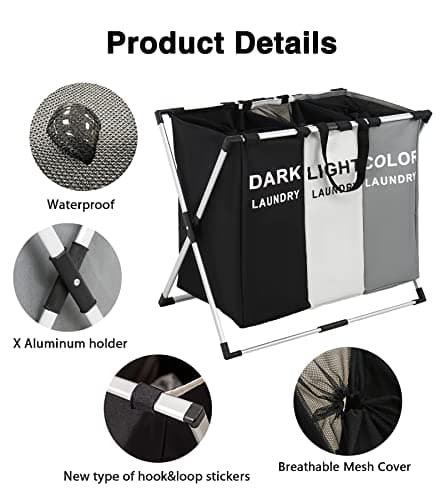 3 Section Foldable Aluminum Laundry Hamper with Mesh Cover (White+Grey+Black)