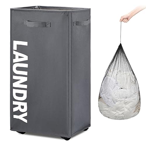 TOTANKI 25" Rolling Laundry Basket, Foldable with Handle (Black)