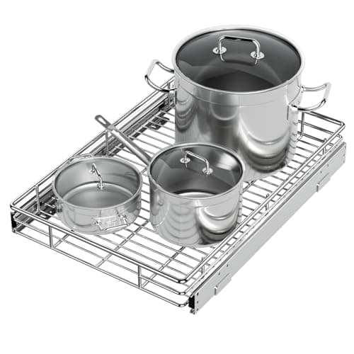 ZOINLIY Heavy Duty Pull-Out Kitchen Organizer, 14" x 21" Storage Basket, Smooth Sliding, Chrome Finish
