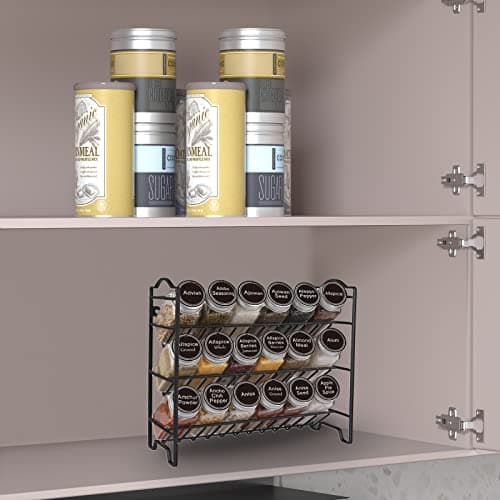 SWOMMOLY Spice Rack Organizer with 18 Square Jars, 396 Labels, Black
