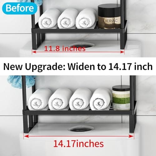 Bathroom Shelf with Toilet Paper Holder and Hooks, 2 Tier Metal Organizer Rack - Black