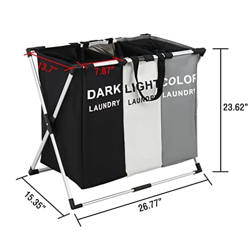 3 Section Foldable Aluminum Laundry Hamper with Mesh Cover (White+Grey+Black)