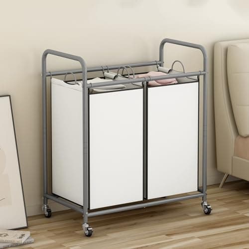 2-Bag Laundry Sorter Cart with Rolling Bags for Clothes Storage in Beige