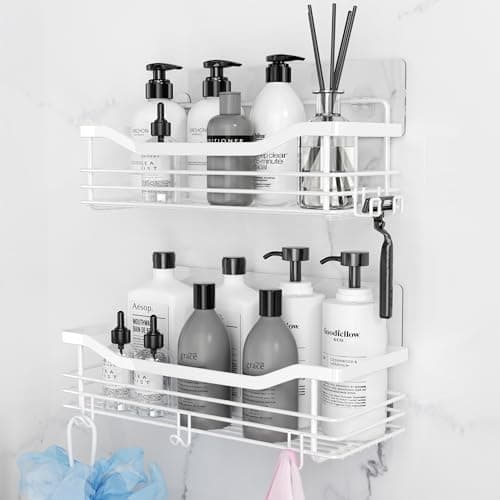 Orimade Rustproof Stainless Steel Shower Caddy 2 Pack - Adhesive Mount, 5 Hooks