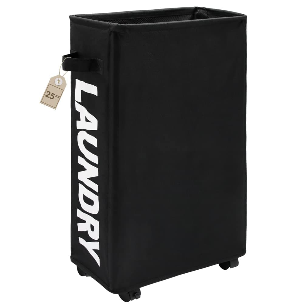 TOTANKI 25" Rolling Laundry Basket, Foldable with Handle (Black)