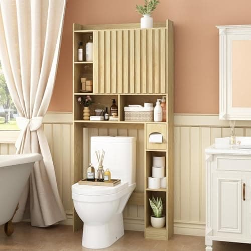 RUSTOWN Large Over-Toilet Storage Cabinet, Fluted Doors, Adjustable Shelf & Paper Holder, Natural Wood