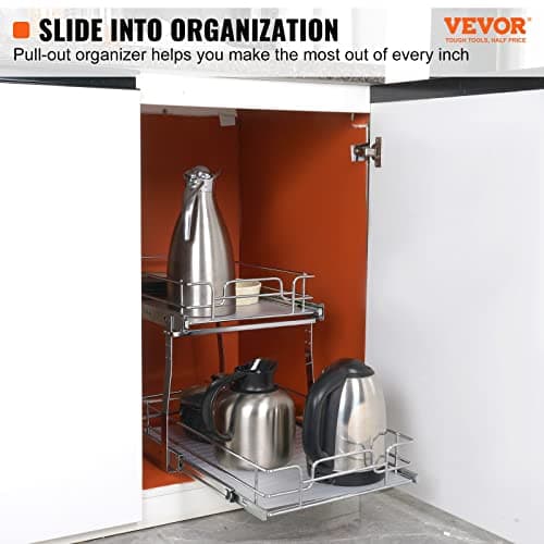VEVOR Heavy Duty 2 Tier Pull Out Cabinet Organizer, Chrome-Plated Steel Drawer, 15"x22"x16"