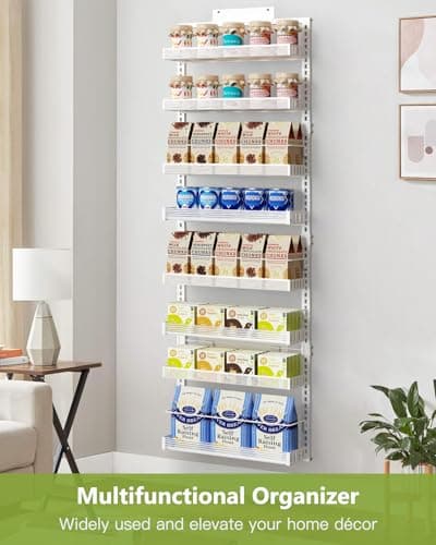 Over the Door Pantry Organizer, Large 8-Tier White Wall Mount Storage