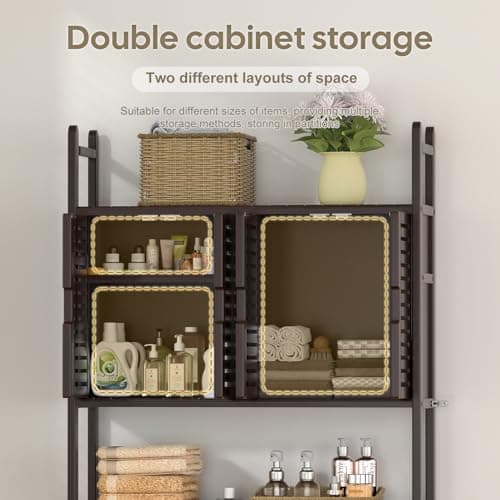 Bamboo Toilet Storage Cabinet with Paper Holder, 4-Door & Waterproof Feet (Brown)