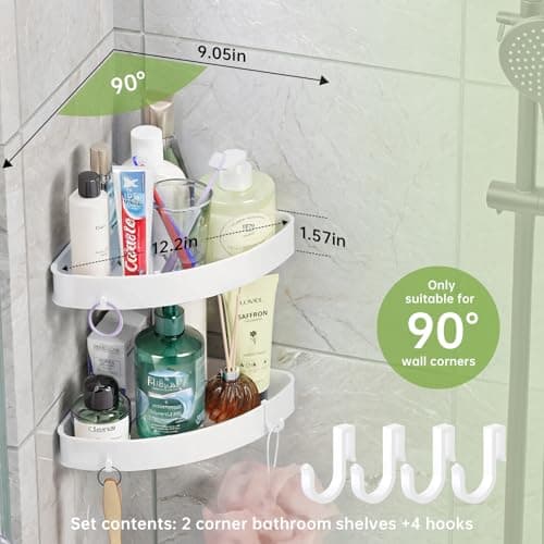 2 Pack Adhesive White Corner Shower Caddy, Rustproof Plastic Shelving with 4 Hooks, Space-Saving Bathroom Organizer