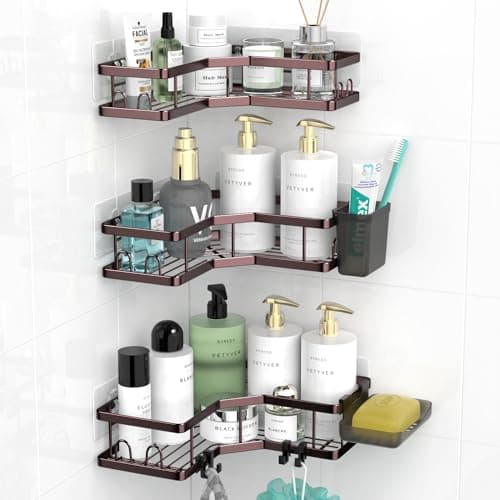 Stainless Steel Adhesive Corner Shower Caddy, 2 Pack, Hooks & Toothpaste Holder