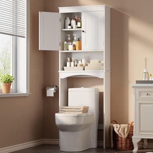 Gizoon White Wooden Toilet Storage Cabinet with Adjustable Shelf and Double Doors