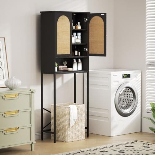 Rattan Toilet Storage Cabinet with Metal Stand, Adjustable Shelf, Freestanding Washer Shelf, Space Saver, Natural Style - Black
