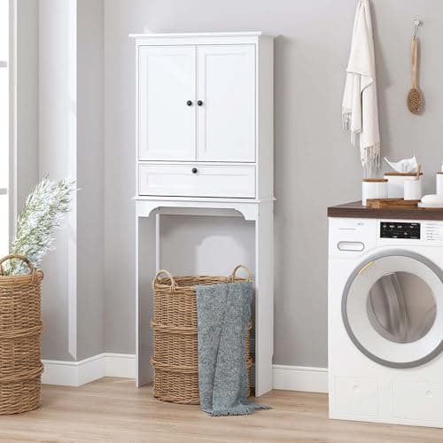 Spirich White Toilet Storage Cabinet with Doors and Adjustment