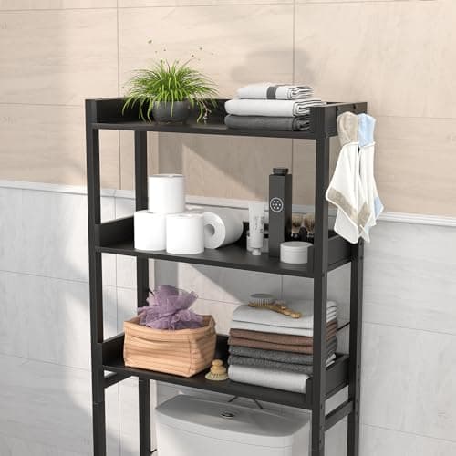 Freestanding Over-The-Toilet Storage Rack, 3-Tier Bathroom Organizer Shelf with Hooks - Black