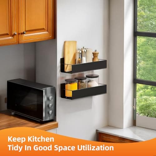 Wall-Mounted Spice Rack Set: 2 Black Adhesive Organizers for Smooth Surfaces, No Drilling Needed