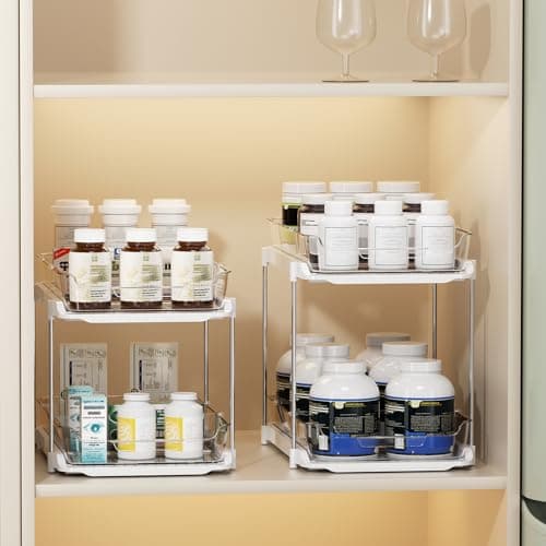 LAMU 2-Pack Bathroom & Kitchen Storage, 2-Tier Under-Sink Organizers with Drawers & Dividers