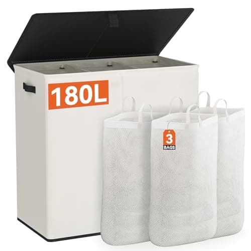 WOWLIVE 160L 3-Section Laundry Hamper with Lid & Removable Bags, Collapsible Black