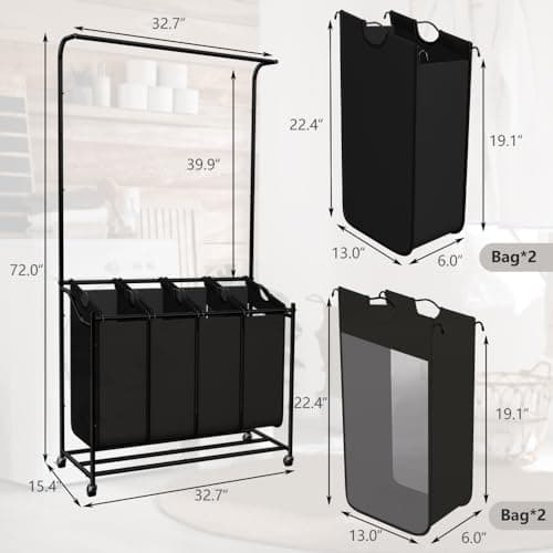 Black LUCKUP 4-Section Laundry Sorter with Hanging Bar
