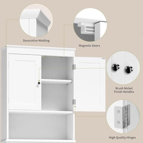 Gizoon White Wooden Toilet Storage Cabinet with Adjustable Shelf and Double Doors