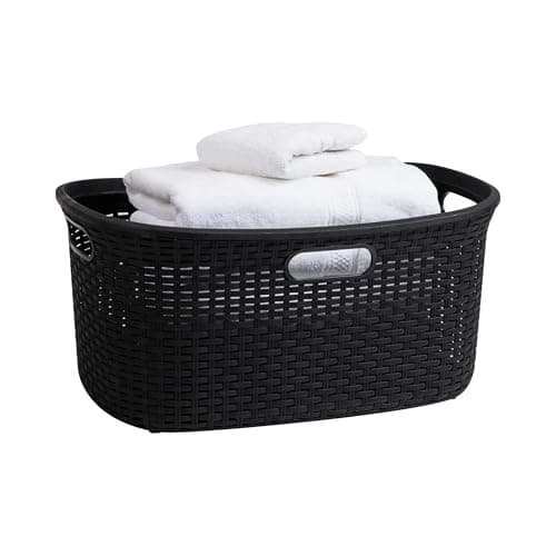 Ivory Wicker 40L Mind Reader Laundry Basket, Plastic Lid