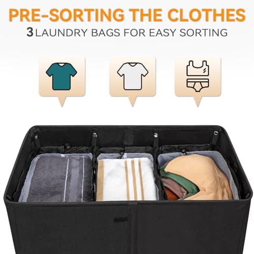 WOWLIVE 160L 3-Section Laundry Hamper with Lid & Removable Bags, Collapsible Black