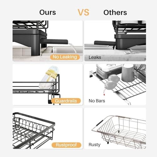 Extendable Stainless Steel Dish Drying Rack with Utensil Holder for Kitchen Counter (Black)