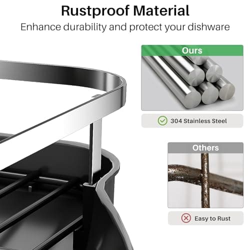 Expandable Stainless Steel Dish Drying Rack with Drainboard & Utensil Holder (Black)