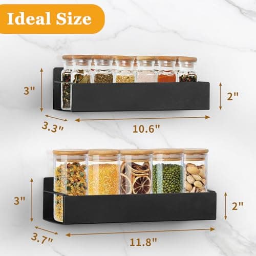 Wall-Mounted Spice Rack Set: 2 Black Adhesive Organizers for Smooth Surfaces, No Drilling Needed