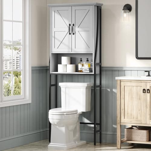 Gray Over the Toilet Organizer with Barn Doors and Storage Cabinet