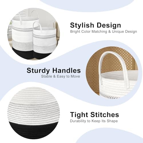 2-Pack Large Tall Rope Laundry Baskets, 58L & 28L Black, Living Room & Bedroom Storage