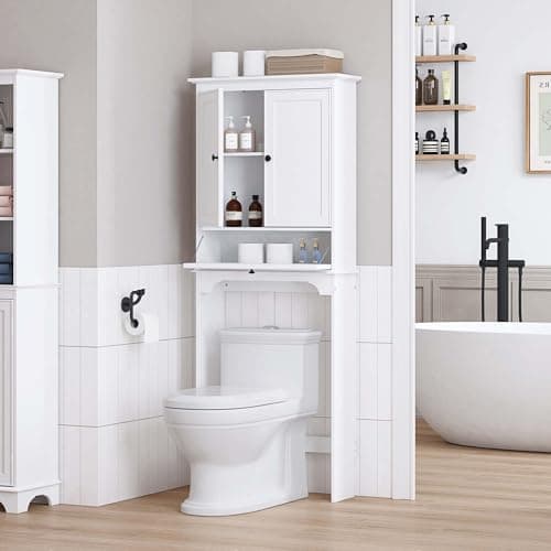 Spirich White Toilet Storage Cabinet with Doors and Adjustment