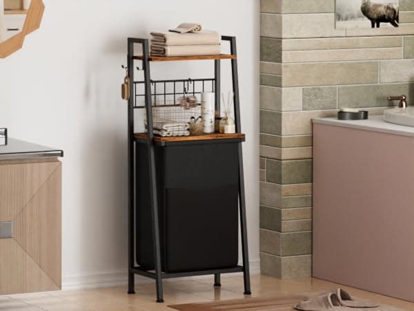 Furnulem 2-Tier Laundry Hamper with Hooks & Divided Bag for Laundry Room, Bathroom, & More