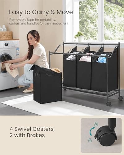 SONGMICS Rolling Laundry Basket with 4 Removable Bags, Ink Black URLS103B01