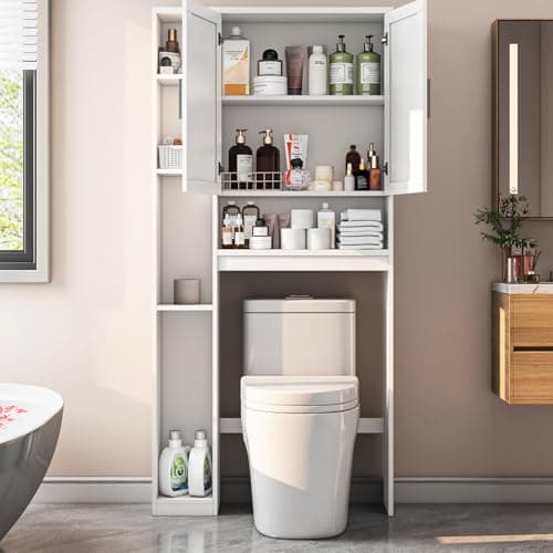 White Space-Saving Toilet Cabinet with 7 Shelves & Paper Holder, Above Toilet Organizer
