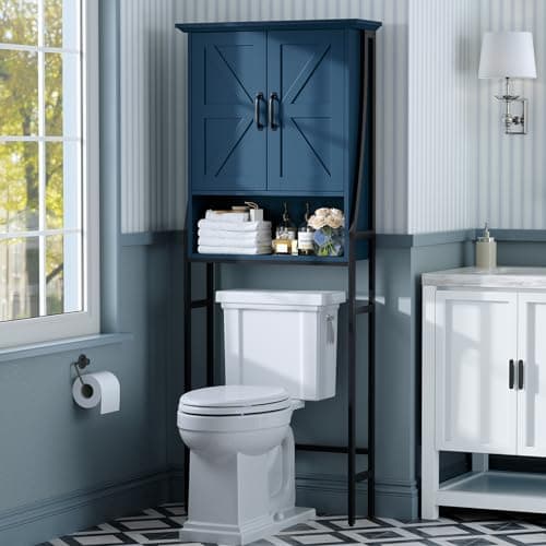Gray Over the Toilet Organizer with Barn Doors and Storage Cabinet