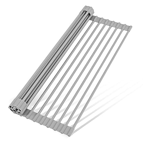 LEMIKKLE Space-Saving Expandable Dish Drying Rack with Cutlery Holder - Grey