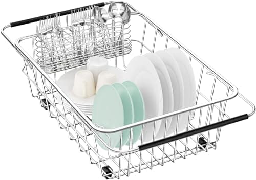 Adjustable 304 Stainless Steel Sink Dish Drier Rack with Utensil Holder