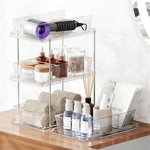 2 Pack Clear 2 Tier Bathroom Organizer with Dividers for Vanity, Kitchen, Closet Storage