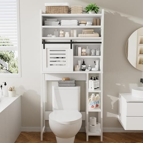 Meilocar White Freestanding Toilet Storage Cabinet with Sliding Doors