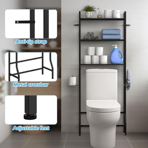 CADUKE 3-Tier Over the Toilet Organizer, Black Storage Shelf with Hooks & Paper Holder