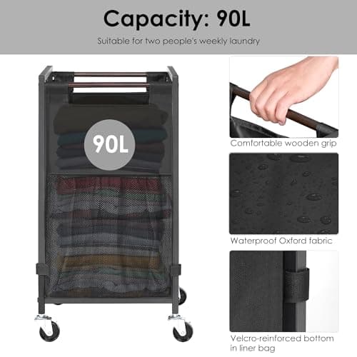 Black Laundry Hamper with Wheels & Adjustable Feet, 90L Liner & Mesh Pocket