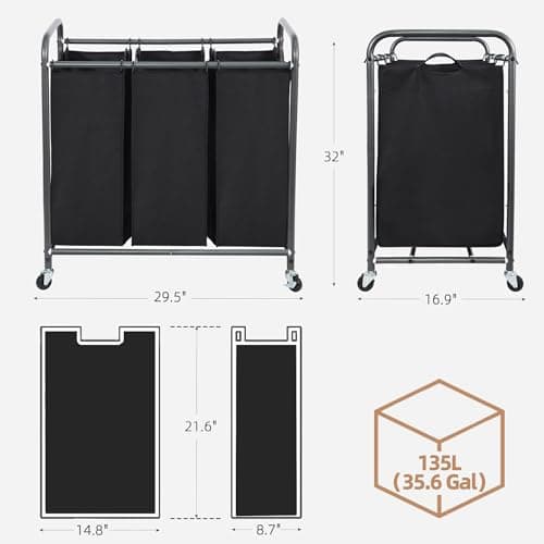 Heavy Duty Rolling Laundry Sorter Cart with Lockable Wheels, Black