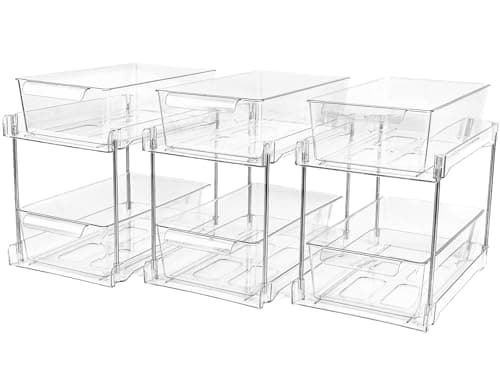 4Pack Clear Under Sink Bathroom Storage Organizers with Pull-Out Track for Pantry Cabinets