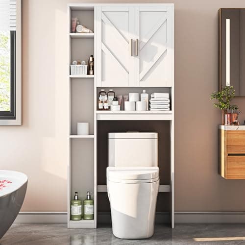 White Space-Saving Toilet Cabinet with 7 Shelves & Paper Holder, Above Toilet Organizer