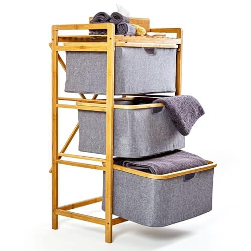 Bamboo 3-Tier Pull-Out Hamper Organizer with Towel Cabinet Handle