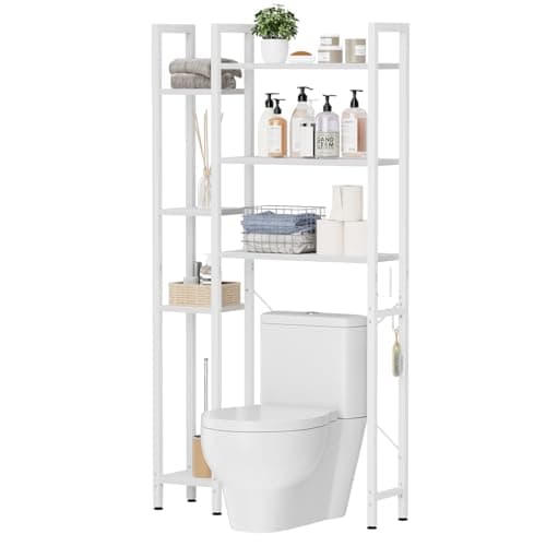 OTK 7-Tier Over The Toilet Storage Organizer - Freestanding Rack with Hooks & Adjustable Feet for Bathroom & Laundry