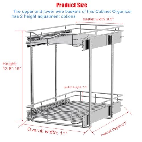 DINDON 2-Tier Chrome Pull-Out Cabinet Organizer for Kitchen Storage